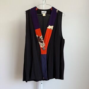 VTG Yasuyo Black Sleeveless Wearable Art Floral Trim‎ Lagenlook Avant Garde S/M